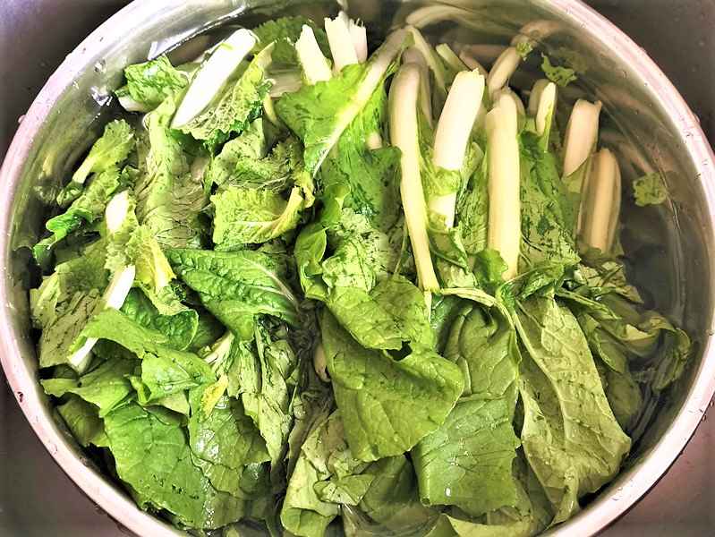 Remove the roots and old leaves of milk cabbage, soak them in salted water for a while, then rinse and cut into sections.