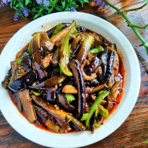 Chinese Eggplants with cubanelle peppers in chili garlic sauce